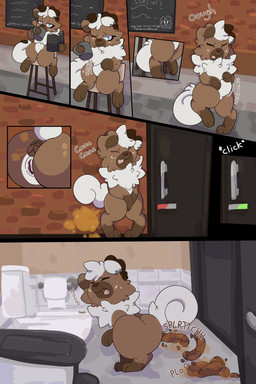 abdominal_bulge accident anthro bathroom belly_grab beverage bloated blue_eyes brick brick_wall brown_body chalkboard coffee crowning_feces cutaway dialogue door ear_piercing fart fart_cloud fart_fetish feces female fur furniture genitals indigestion lock locked_door onomatopoeia open_mouth piercing pokemorph pooping_on_floor potty_dance rumbling_stomach sliding_door solo sound_effects stomach_pain stool text toilet trash_can vulva wall_(structure) white_body white_fur wince yellow_fart_cloud mochafrappeart nintendo pokemon mocha_(mochafrappeart) generation_7_pokemon pokemon_(species) rockruff absurd_res comic english_text hi_res