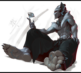 anthro barefoot black_bars claws clothed clothing diamond_(gem) feet foot_focus gem hair humanoid_feet katana male melee_weapon mouthless plantigrade soles solo sword toes weapon kredri kado mammal vampire letterbox