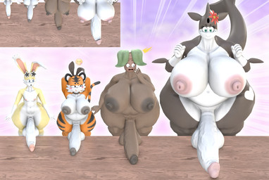 anthro bedroom_eyes big_breasts big_penis breasts brown_body brown_nipples erection eyewear eyewear_on_head fake_ears fake_rabbit_ears femboy flower_on_head furniture genitals grey_body group gynomorph huge_breasts huge_penis intersex leaf leaf_hair long_ears male narrowed_eyes nipples orange_body overweight overweight_gynomorph overweight_intersex penis pink_nipples plant plant_hair pseudo_hair purple_background seductive simple_background smile stripes sunglasses sunglasses_on_head surprised table tail tan_body thick_thighs tongue tongue_out wearing_sunglasses wide_hips 2-ban gala_(2-ban) taiga_(2-ban) aquatic cetacean dolphin elemental_creature elemental_humanoid felid flora_fauna humanoid lagomorph leporid mammal oceanic_dolphin orca pantherine plant_humanoid rabbit tiger toothed_whale hi_res
