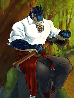 anthro arm_spikes axe blue_body blue_scales bottomwear clothed clothing forest holding_axe holding_object male pants plant scales serious shirt sitting solo spikes spikes_(anatomy) topwear tree white_clothing white_shirt white_topwear acrux mythology grohk_(acrux) dragon mythological_creature mythological_scalie scalie wingless_dragon hi_res