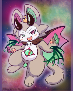 anthro big_ears blush blush_lines bone chibi cloak clothing crown fur grey_body grey_fur grey_tail headgear horn male pawpads paws skull skull_head smile solo space tail wings himo_peter0409 devil_connection makemon devilun_(makemon) bat demon mammal hi_res