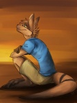 barefoot bottomwear brown_body brown_eyes brown_fur brown_hair claws clothed clothing eyewear feet fully_clothed fur glasses hair male shirt short_hair shorts side_view sitting smile solo topwear toraneko eddie_(atlas_rysios) kangaroo macropod mammal marsupial 2012 3:4 hi_res