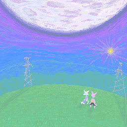 anthro day detailed_background duo female fur grass male moon outside pink_body pink_fur plant sun white_body white_fur demensa canid canine mammal 1:1 2021 digital_media_(artwork) hi_res pixel_(artwork)