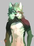 2020 3:4 abs anthro black_nose blue_eyes canid canine canis cheek_tuft clothed clothing clothing_lift eyebrows facial_tuft front_view grey_background half-length_portrait hi_res kiske_7key looking_at_viewer male mammal muscular muscular_male navel neck_tuft nipples pecs pink_nipples pinup portrait pose shirt shirt_in_mouth shirt_lift simple_background smile solo standing topwear tuft white_eyebrows wolf