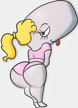 anthro bedroom_eyes big_butt blonde_hair butt clothed clothing female hair lipstick looking_at_viewer looking_back makeup narrowed_eyes presenting presenting_hindquarters seductive simple_background solo tongue tongue_out zinnthos nickelodeon spongebob_squarepants pearl_krabs aquatic cetacean mammal physeteroid sperm_whale toothed_whale whale