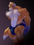 abs anthro biceps big_muscles biped black_nose bodily_fluids brown_body brown_fur bulge clothed clothing fur green_eyes male muscular muscular_anthro muscular_male nipples pecs serratus simple_background solo standing sweat teeth thong topless underwear white_body white_fur guzreuef nintendo star_fox fox_mccloud canid canine fox mammal hi_res