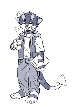anthro beverage book bottomwear clothed clothing eyes_closed fangs front_view hair holding_beverage holding_book holding_object jacket male messy_hair open_mouth pants short_hair simple_background solo spade_tail standing tail teeth topwear unsigned yawn asnnonaka ethan_(asnnonaka) domestic_cat felid feline felis mammal 2:3 full-length_portrait greyscale hi_res monochrome portrait