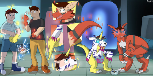 before_and_after blue_eyes clothed clothed_to_nude clothing clothing_loss corruption digivice duo duo_transformation fully_clothed fully_clothed_to_nude glowing glowing_eyes head_wings horn hypnosis male mind_control nude red_body red_scales scales transformation transformation_by_digivice transformation_by_fictional_prop transformation_by_item transformation_mechanism transformation_sequence transformation_through_technology unicorn_horn unusual_wing_placement wings yellow_body yellow_scales alsoflick bandai_namco digimon butterpillow digimon_(species) gabumon guilmon absurd_res hi_res sequence