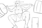 anthro athletic athletic_anthro athletic_female barbell bodily_fluids bottomwear breasts cleavage clothed clothing deer door dreamy_pride exercise female hi_res mammal monochrome shorts spread_legs spreading sweat weightlifting workout