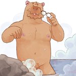 anthro belly convenient_censorship dripping_water ear_piercing eyewear facial_piercing genitals glasses hot_spring looking_at_viewer male nipple_piercing nipples nose_piercing nude one_eye_closed piercing solo steam water wet orangebear orange_the_capybara capybara caviid mammal rodent hi_res