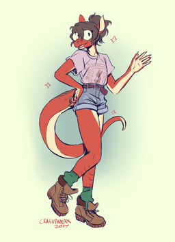 ambiguous_gender anthro belt boots bottomwear clothing colored_nails denim denim_bottomwear denim_clothing denim_shorts eyewear footwear glasses happy multicolored_body nails pockets round_glasses shirt shoes shorts simple_background smile socks solo t-shirt topwear wave crushthorax red_(glopossum) lizard reptile scalie 2017 nonbinary_(lore)
