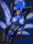 animal_genitalia anthro beak big_breasts biped black_body blue_eyes blue_hair blue_markings blue_nipples blue_penis breasts chest_tuft erection fur genitals gynomorph hair hands_behind_head intersex long_hair markings navel nipples non-mammal_breasts non-mammal_nipples nude penis ponytail pose puffy_nipples sackless sheath solo standing stripes tuft unusual_anatomy unusual_genitalia unusual_penis heartz slythe_sirbu avian 2010 3:4 hi_res pinup restricted_palette