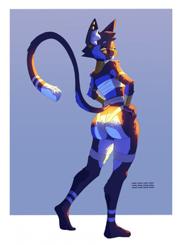 anthro arm_tuft armband big_butt black_body black_fur blue_background border bottomwear breasts butt chest_wraps claws clothed clothing ear_piercing ear_ring egyptian egyptian_clothing eyelashes fangs female finger_claws fur gold_(metal) gold_jewelry hand_on_hip inner_ear_fluff jewelry leg_wraps looking_at_viewer looking_back makeup mascara multicolored_body multicolored_fur necklace piercing pose pupils raised_tail rear_view ring_piercing sharp_teeth shoulder_tuft simple_background skimpy solo standing tail teeth tight_clothing toe_claws tuft two_tone_body two_tone_fur usekh whiskers white_body white_border white_fur white_inner_ear white_inner_ear_fluff wraps wristband yellow_eyes yellow_sclera fiftyfive bacardi_(muart242) domestic_cat felid feline felis mammal 2023 full-length_portrait hi_res pinup portrait signature