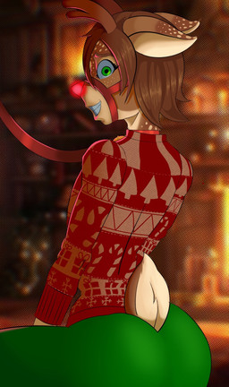 anthro christmas_clothing clothing glowing glowing_nose harness holidays leash male solo pantyking christmas rudolph_the_red-nosed_reindeer deer mammal new_world_deer reindeer hi_res