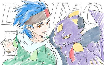 accessory anthro blue_hair duo hair headband male purple_body smile smirk yellow_eyes kotukotu_55 bandai_namco digimon digimon_beatbreak raito_souda digimon_(species) human mammal monodramon scalie hi_res