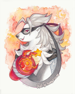 anthro cybernetic_arm cybernetic_limb female fur grey_body grey_fur grey_hair hair mask mechanical_arm open_mouth red_eyes solo star teeth white_body white_fur nekophoenix bandai_namco digimon digimon_beatbreak digimon_(species) wolvermon 2026 colored_pencil_(artwork) hi_res traditional_media_(artwork)