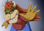2014 2_horns 4_fingers belly big_belly bowser claws clothing fingers gradient_background grey_background grin hair hi_res horn koopa long_hair looking_at_viewer madstarr12 male mario_bros nintendo scalie simple_background smile solo source_request teeth unavailable_at_source yellow_eyes