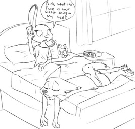 alarm_clock ambiguous_gender anthro bed bedding bedroom blanket bodily_fluids bottomwear buckteeth cellphone claws clock clothed clothing curtains dialogue dipstick_ears drooling duo ear_markings electronics eyes_closed furniture holding_cellphone holding_object holding_phone inside looking_at_another markings multicolored_ears on_bed one_ear_up open_mouth pawpads phone pillow plushie saliva shirt shorts sitting speech_bubble teeth text toe_claws topwear window visiti disney zootopia becky_wilde_(visiti) judy_hopps canid canine fox lagomorph leporid mammal rabbit black_and_white english_text monochrome sketch