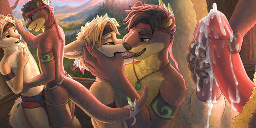 accessory anthro bodily_fluids brown_body brown_fur clothed clothing cum cum_on_penis detailed_background duo erection finger_in_mouth french_kissing frottage fur genital_fluids genitals green_eyes hair humanoid_genitalia humanoid_penis jewelry kissing male male/male markings masturbation nature nature_background necklace partially_clothed penile penis penises_touching plant red_eyes saliva saliva_on_tongue sex smile submissive submissive_male tail teeth tongue tree tribal tailbyte phrozt_(character) zake arctic_fox canid canine fox mammal mustelid otter true_fox absurd_res detailed digital_media_(artwork) digital_painting_(artwork) hi_res painting_(artwork) shaded signature