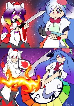 anthro anthro_to_human anthro_to_humanoid blue_hair breast_growth breasts clothing duo female food fruit fur gender_transformation growth hair hat headgear headwear holding_melee_weapon holding_object holding_sword holding_weapon looking_at_viewer male melee_weapon mtf_transformation peach_(fruit) plant purple_body purple_fur red_eyes smile species_transformation surprised sword tf_into_fictional_character transformation weapon white_body white_fur white_hair wizard_hat la-frugele touhou aurora_boreal_(spwinktap) momiji_inubashiri tenshi_hinanawi tuli_(metrohunter) animal_humanoid canid canid_humanoid canine canine_humanoid human humanoid mammal mammal_humanoid wolf_humanoid 2021 absurd_res digital_media_(artwork) hi_res