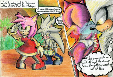 accessory annoyed anthro boots bracelet butt clothed clothing clothing_lift desert dress dress_lift duo female footwear gloves green_eyes grey_body hair_accessory hairband handwear jewelry male orange_eyes panties pink_body shoes speech_bubble tail telekinesis text thought_bubble underwear aetosachlys sega sonic_the_hedgehog_(series) amy_rose silver_the_hedgehog eulipotyphlan hedgehog mammal english_text