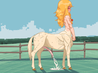 animal_genitalia animal_penis blonde_hair blush bodily_fluids breasts cum cum_on_ground cumshot ejaculation equine_genitalia equine_penis fence genital_fluids genitals gynomorph hair hooves intersex long_hair medial_ring penis pink_penis small_breasts solo split_form meow25meow european_mythology greek_mythology mythology touhou centaur equid equid_taur humanoid_taur mammal mammal_taur taur 4:3