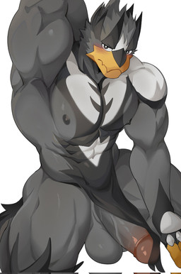 abs anthro balls barazoku blush erection front_view fur genitals glans grey_body grey_fur humanoid_genitalia humanoid_penis looking_at_viewer male muscular muscular_anthro muscular_male pecs penis simple_background solo white_background chung0_0 nintendo pokemon generation_8_pokemon legendary_pokemon pokemon_(species) single_strike_style_urshifu urshifu hi_res