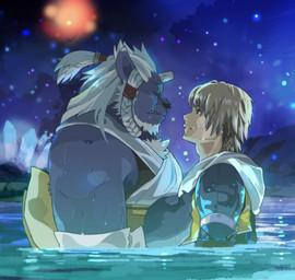 1_horn anthro beard black_nose blonde_hair blue_body bodily_fluids braided_hair broken_horn clothed clothed_anthro clothed_human clothed_male clothing crying duo facial_hair hair horn intimate long_hair male male/male male_anthro male_human muscular muscular_anthro muscular_male night pale_skin ponytail short_ponytail smile tears water wet garouzuki final_fantasy final_fantasy_x square_enix kimahri tidus_(ffx) felid human mammal ronso hi_res