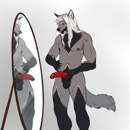 admiring_self anthro balls big_penis black_body black_fur claws foreskin fur genitals grey_body grey_fur hair hand_on_penis holding_penis long_hair looking_at_self male markings mirror nipples pecs penis red_eyes red_markings red_nipples red_penis saggy_balls simple_background solo standing tongue tongue_out vein veiny_penis white_background white_claws white_hair white_markings wildcreatureart jace_ehnon canid canine fox mammal 1:1 hi_res