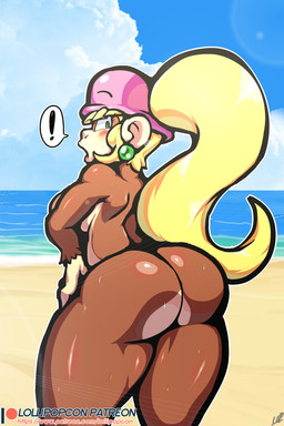 anthro beach big_butt blonde_hair blush bodily_fluids breasts bubble_butt butt clothing cloud ear_piercing ear_ring exclamation_point eyebrows female fur glistening glistening_butt hair hand_on_hip hat hat_only headgear headgear_only headwear headwear_only huge_butt long_hair looking_at_viewer looking_back mostly_nude multicolored_body multicolored_fur open_mouth perky_butt piercing ponytail raised_eyebrow rear_view ring_piercing seaside side_boob solo standing surprised sweat text thick_thighs two_tone_body two_tone_fur water lollipopcon donkey_kong_(series) nintendo dixie_kong haplorhine mammal monkey primate 2:3 absurd_res hi_res signature url