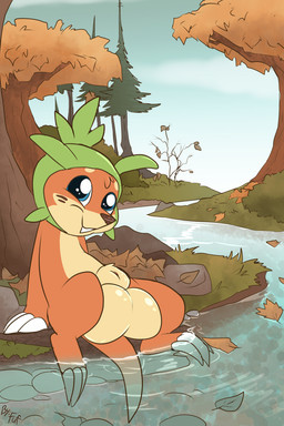 animal_genitalia anthro balls big_balls big_sheath biped black_nose blue_eyes buckteeth claws closed_smile countershade_face countershade_fur countershade_torso countershading creek day evergreen_tree finger_claws foot_in_water forest fur genitals leaf looking_at_viewer male mouth_closed multicolored_body multicolored_fur nude orange_body orange_fur outside pine_tree plant sheath sitting sitting_on_ground smile solo tan_body tan_countershading tan_fur teeth toe_claws tree two_tone_body two_tone_fur fuf nintendo pokemon buizel chespin generation_4_pokemon generation_6_pokemon hybrid pokemon_(species) 2018 2:3 hi_res