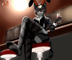 anthro bar bar_stool beverage bunny_suite clothing duo feet female furniture legwear macro male male/female micro micro_on_macro pantyhose pose red_eyes sitting size_difference smile stool stripes trapped_in_clothing trapped_in_sock blackreaper_bk201 microsoft the_elder_scrolls schnurrt_beim_knuddeln felid khajiit mammal hi_res pinup