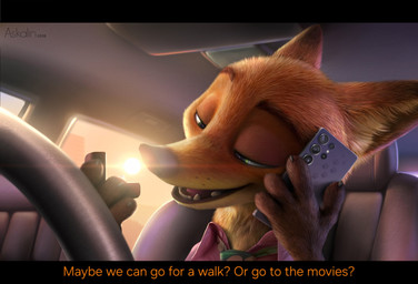accessory anthro caption car cellphone clothing collared_shirt dialogue digit_ring dress_shirt duo electronics eyebrows female jewelry lens_flare logo male male/female narrowed_eyes necktie phone raised_eyebrow ring shirt smartphone solo steering_wheel sunset text topwear vehicle wedding_ring askalin disney zootopia nick_wilde canid canine fox mammal red_fox true_fox artist_logo artist_name digital_media_(artwork) hi_res watermark