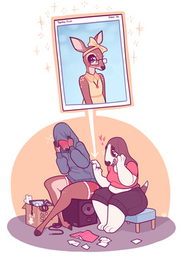ambiguous_gender anthro blush bottomwear box breasts brown_body clothing container covering_head cutaway duo embarrassed eyewear female freckled_face freckled_legs freckled_shoulders freckles glasses headgear headwear heart_symbol hearts_around_head holding_object holding_photo hoodie hooves navel open_mouth simple_background sitting sparkles speaker spots teeth text topwear wearing_glasses white_background white_body marshmallowfury canid deer mammal english_text hi_res