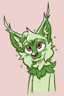 alternate_species anthro cheek_tuft ear_tuft facial_tuft fur green_body green_fur head_tuft looking_at_viewer male pink_background simple_background smile solo tuft theblueberrycarrots nintendo pokemon marc_(theblueberrycarrots) generation_9_pokemon pokemon_(species) sprigatito