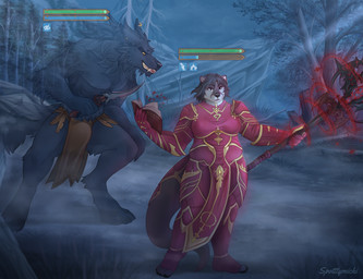 ambush anthro armor belly big_breasts black_body book bottomwear breasts bulge claws clothed clothing dagger duo female forest fur gameplay_mechanics gui health_bar loincloth loincloth_only magic magic_user male male/female melee_weapon muscular muscular_anthro muscular_male overweight piercing plant rogue slightly_chubby slightly_chubby_female smile spell spellbook standing status_effect stealth tail teeth topless tree weapon spottymichi mythology canid canine canis mammal mustelid mythological_canine mythological_creature otter werecanid werecanine werecreature werewolf wolf digital_media_(artwork) hi_res