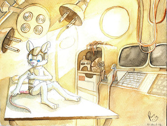 anthro armor blue_eyes bottomwear clothed clothing computer crt_monitor electronics fur headgear helmet logo male notched_ear open_clothing open_mouth open_smile open_topwear pink_tail sitting smile solo tail topwear white_body white_fur young young_anthro young_male pandapaco mammal mouse murid murine rodent 2012 artist_logo dated signature