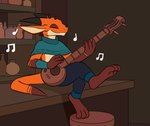 3_toes 4_fingers anthro bar barefoot bottomwear clothed clothing feet female fingers fully_clothed horn inside musical_instrument musical_note musical_symbol orange_body orange_scales pants playing_music scales short_loop solo spikes string_instrument symbol toes ahatas citrus_(flamespitter) kobold scalie animated