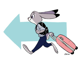 anthro backpack barefoot biped bottomwear clothed clothing dipstick_ears ear_markings feet female fully_clothed fur luggage multicolored_body multicolored_ears multicolored_fur pants purple_eyes running shirt simple_background smile solo topwear two_tone_body two_tone_fur rikuta_tp disney zootopia judy_hopps lagomorph leporid mammal rabbit 2017