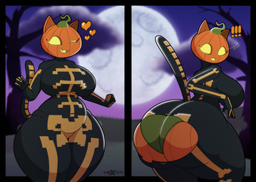 anthro big_breasts big_butt breasts butt clothing cloud dead_tree fangs female food fruit green_clothing green_panties green_underwear heart_symbol huge_butt long_tail moon night one_eye_closed outside panties plant pumpkin rear_view skeleton_costume skinsuit slightly_chubby slightly_chubby_female tail teeth text thick_thighs tight_clothing torn_clothing tree underwear wardrobe_malfunction wedgie wide_hips wink hexami epic_games fortnite spice_(fortnite) domestic_cat felid feline felis food_creature mammal artist_name hi_res signature