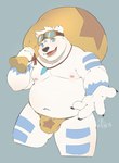 anthro asian_clothing belly black_nose bulge clothing east_asian_clothing fundoshi humanoid_hands japanese_clothing kemono male money_bag moobs navel nipples overweight overweight_male solo underwear white_body jmeo1230 bear mammal polar_bear ursine 2021 hi_res