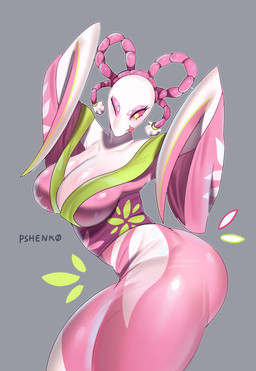 anthro asian_clothing big_breasts breasts clothing east_asian_clothing female japanese_clothing kimono pink_clothing pose solo tongue tongue_out pshenko mantis_(deltarune) arthropod insect mantis absurd_res hi_res