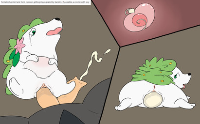 2_penises animal_genitalia animal_penis anus bodily_fluids clitoris crying cum cum_inside duo egg ejaculation erection female feral flower forced fur genital_fluids genitals green_body green_eyes green_fur hemipenes impregnation internal lying male male/female multi_genitalia multi_penis on_front open_mouth oviposition ovum penetration penile penile_penetration penis penis_in_vagina plant pregnant pregnant_female pregnant_feral rape sex simple_background sperm_cell spread_legs spreading tears text tongue tongue_out vaginal vaginal_penetration vulva white_body cap'n nintendo pokemon generation_4_pokemon generation_7_pokemon land_forme_shaymin legendary_pokemon pokemon_(species) salandit shaymin 2026 comic digital_drawing_(artwork) digital_media_(artwork) english_text flat_colors hi_res