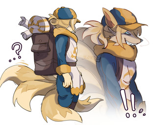 anthro backpack belt biped blonde_hair blue_bottomwear blue_clothing blue_eyes blue_pants bottomwear cheek_tuft clothing dipstick_tail ellipsis exclamation_point facial_tuft fur fur_growth grin growth hair hat headgear headwear human_to_anthro male markings multi_tail pants question_mark questioning_ellipsis simple_background smile snout snout_growth solo species_transformation standing tail tail_markings transformation tuft white_background yellow_body yellow_fur yenkoby nintendo pokemon volo_(pokemon) canid canine generation_1_pokemon human mammal ninetales pokemon_(species) hi_res shaded signature