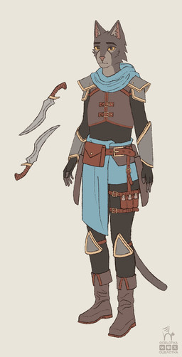 anthro armor belt brown_body brown_fur cheek_tuft clothing costume dagger facial_tuft fantasy female fur inner_ear_fluff medieval melee_weapon multicolored_body orange_eyes pouch_(clothing) solo standing tail tuft two_tone_body weapon ocelotka microsoft the_elder_scrolls ocelotka_(ocelotka) felid feline khajiit mammal digital_media_(artwork) full-length_portrait model_sheet portrait