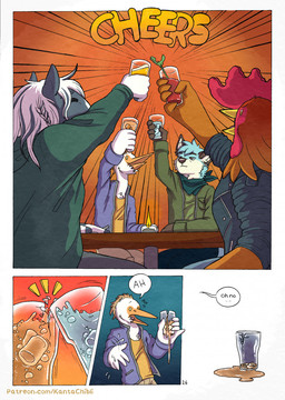 5_fingers anthro bar beverage black_nose blue_body blue_fur broken_glass clothed clothed_anthro clothed_male clothing dialogue feathers fingers fur glass grey_body grey_fur group humanoid_hands kerchief male multicolored_body multicolored_fur neckerchief neckwear page_number red_body red_feathers shirt speech_bubble text toasting topwear two_tone_body two_tone_fur white_body white_feathers white_fur kantachibli adrian_(kantachibli) benedict_(kantachibli) blue_(kantachibli) phillip_(kantachibli) avian bird canid canine chicken equid equine fox galliform heron horse mammal pelecaniform phasianid comic english_text hi_res url
