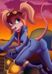 anthro butt camel_toe clothing eyewear female goggles hair hat headgear headwear ponytail scarf smile solo sunset teasing turning frommarstomercury activision crash_bandicoot_(series) crash_team_racing_(series) crash_team_racing_nitro-fueled pasadena_o'possum american_opossum mammal marsupial virginia_opossum absurd_res hi_res