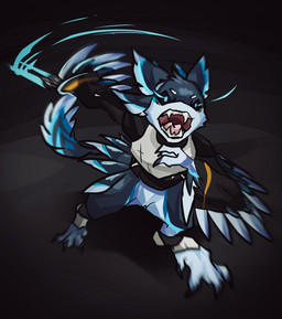 ankle_guards anthro armor attack_pose black_mantle black_sclera blue_markings blue_pupils breastplate ear_markings feathered_wings feathers glowing glowing_eyes grey_body grey_feathers light_trail male mantle markings melee_weapon no_irises open_mouth pupils solo sprinting sword tail tail_feathers tail_markings weapon white_body white_feathers wings kirifuda braid_(k'braid) avali hi_res