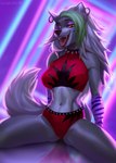 abstract_background anthro arm_support black_nose bottomwear breasts clothed clothing collar ear_piercing ear_ring eyebrows eyelashes eyeshadow fangs female fluffy fluffy_tail front_view fur green_highlights grey_body grey_fur hair highlights_(coloring) long_hair looking_at_viewer makeup multicolored_hair narrowed_eyes navel one_eye_closed open_mouth piercing purple_eyeshadow reflection ring_piercing sitting solo spiked_collar spikes spread_legs spreading tail teeth tongue tongue_out topwear two_tone_hair white_hair wink winking_at_viewer yellow_eyes hauringu five_nights_at_freddy's five_nights_at_freddy's:_security_breach scottgames steel_wool_studios roxanne_wolf canid canine canis mammal wolf 2022 artist_name digital_media_(artwork) hi_res