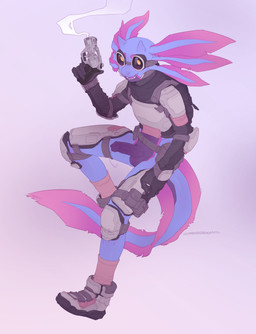 anthro armor balls blue_body bodily_fluids boots clothed clothing footwear genital_fluids genitals gun male precum ranged_weapon shoes solo tail weapon maxmushroom amphibian aquatic axolotl mole_salamander salamander absurd_res hi_res